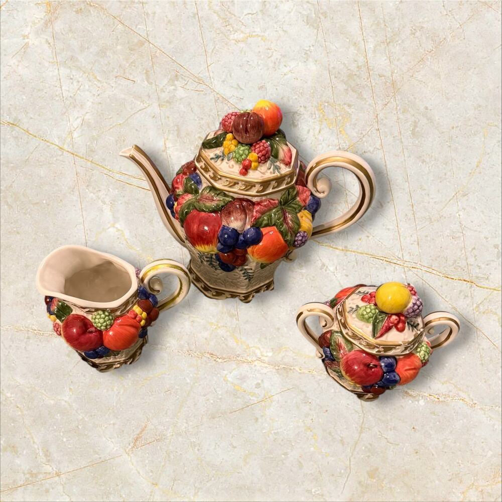 Fitz & Floyd Classics 3-Piece Fruit Embossed Teapot, Sugar Bowl & Creamer Set